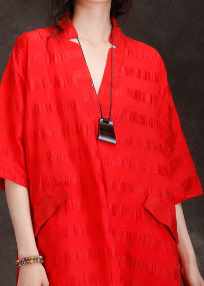 Handmade V Neck Patchwork Linen Blended Tunics Fine Shape Red Art Dresses Summer
