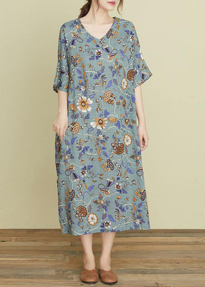 Handmade V Neck Pockets Summer Wardrobes Sewing Gray Print Robe Dresses