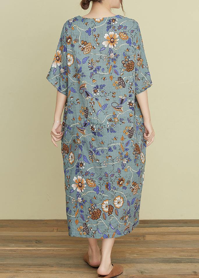 Handmade V Neck Pockets Summer Wardrobes Sewing Gray Print Robe Dresses