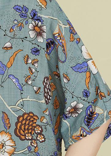Handmade V Neck Pockets Summer Wardrobes Sewing Gray Print Robe Dresses
