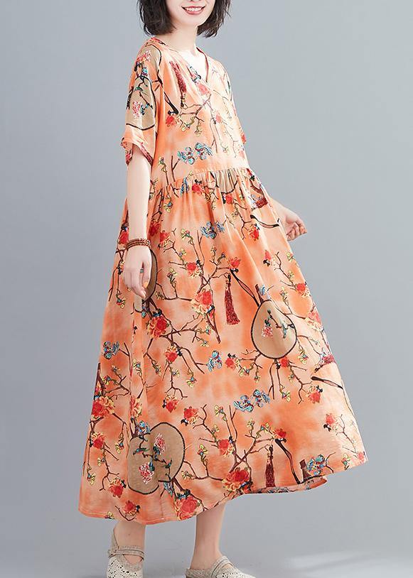 Handmade V Neck Short Sleeve Summer Orange Print Traveling Dress