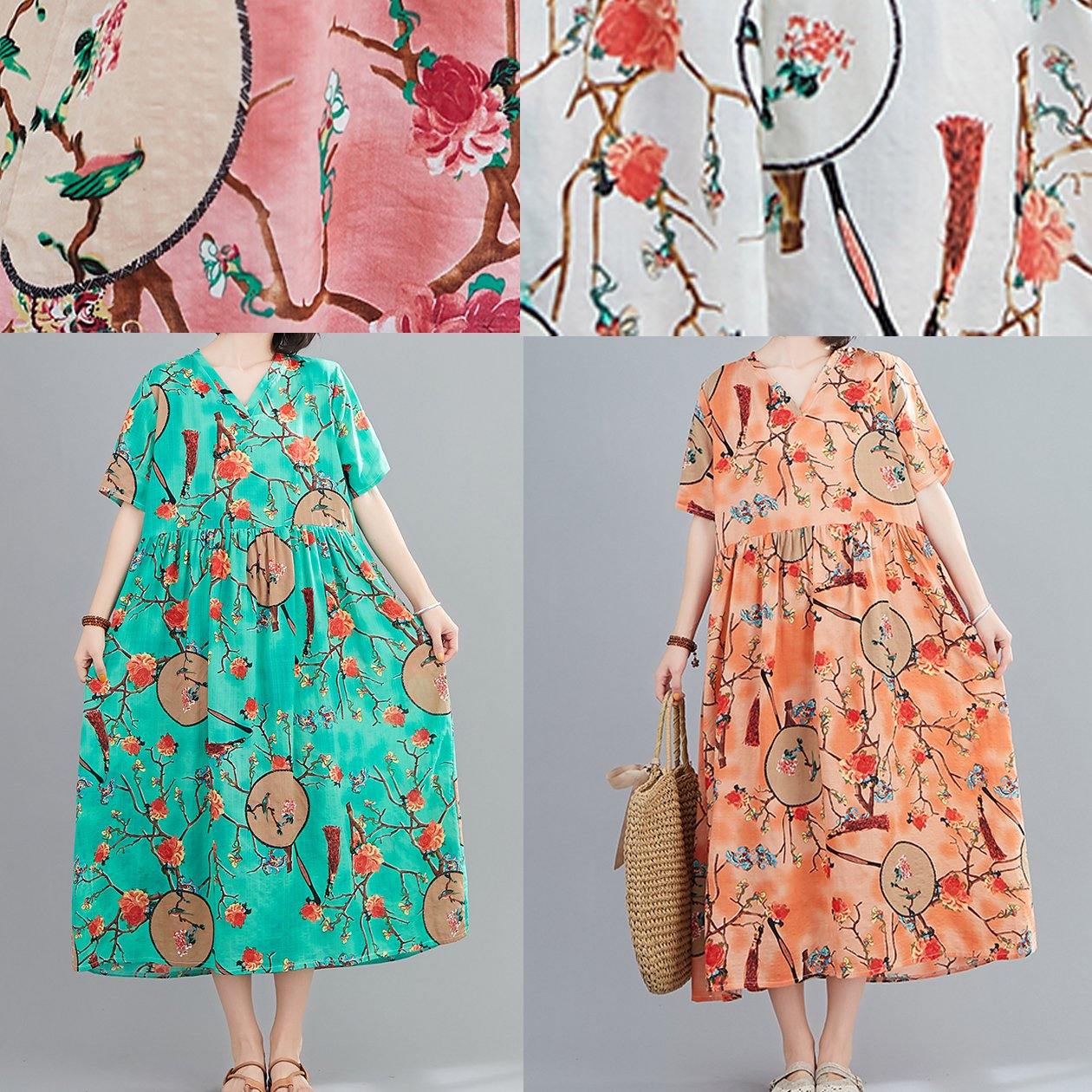Handmade V Neck Short Sleeve Summer Orange Print Traveling Dress