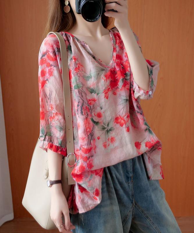 Handmade V Neck Summer Shirts Wardrobes Red Print Blouses