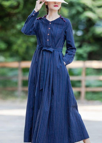 Handmade V Neck Tie Waist Spring Clothes for Linen Dark Blue Striped Dresses