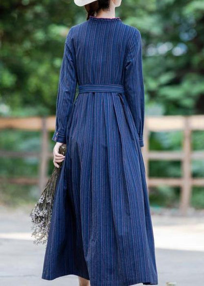 Handmade V Neck Tie Waist Spring Clothes for Linen Dark Blue Striped Dresses