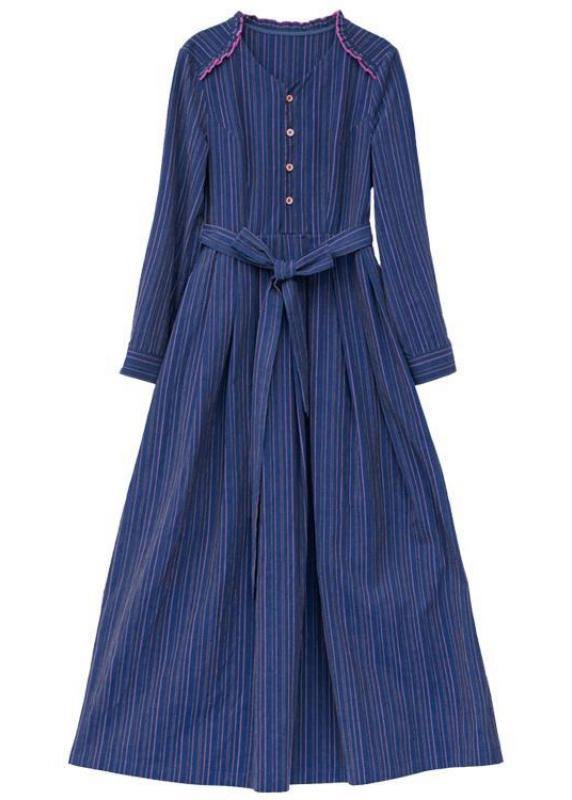 Handmade V Neck Tie Waist Spring Clothes for Linen Dark Blue Striped Dresses