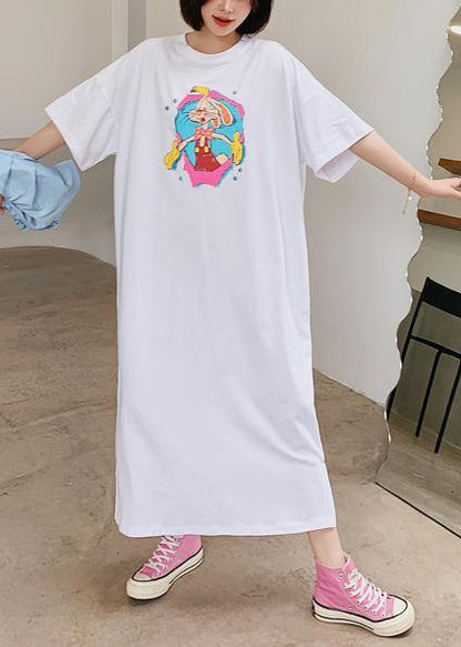 Handmade White Cartoon Anime Print Dress O Neck Robe Dresses