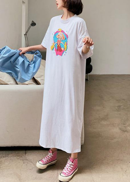 Handmade White Cartoon Anime Print Dress O Neck Robe Dresses