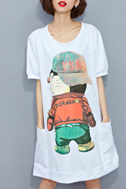 Handmade White Cotton Tunic Pattern O Neck Pockets Oversized Summer Dresses