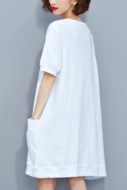 Handmade White Cotton Tunic Pattern O Neck Pockets Oversized Summer Dresses