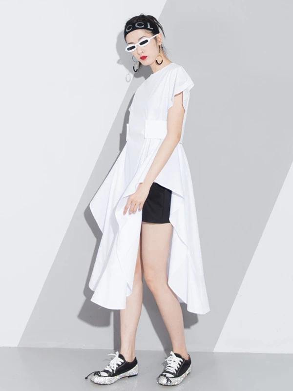 Handmade White Cotton O Neck Asymmetric a Line Summer Dresses