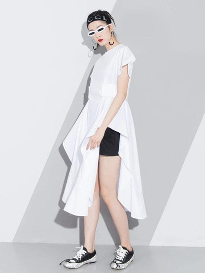 Handmade White Cotton O Neck Asymmetric a Line Summer Dresses