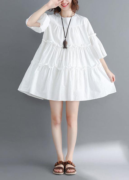 Handmade White Cotton Quilting Dresses O Neck Flare Sleeve Cinched Short Summer Dresses