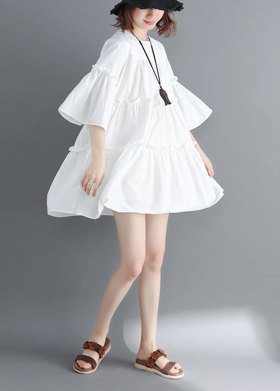 Handmade White Cotton Quilting Dresses O Neck Flare Sleeve Cinched Short Summer Dresses