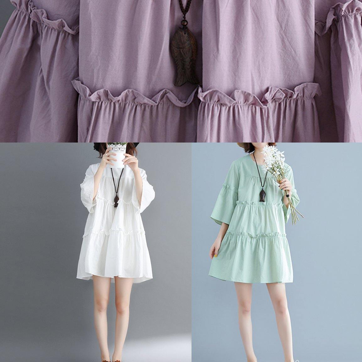 Handmade White Cotton Quilting Dresses O Neck Flare Sleeve Cinched Short Summer Dresses