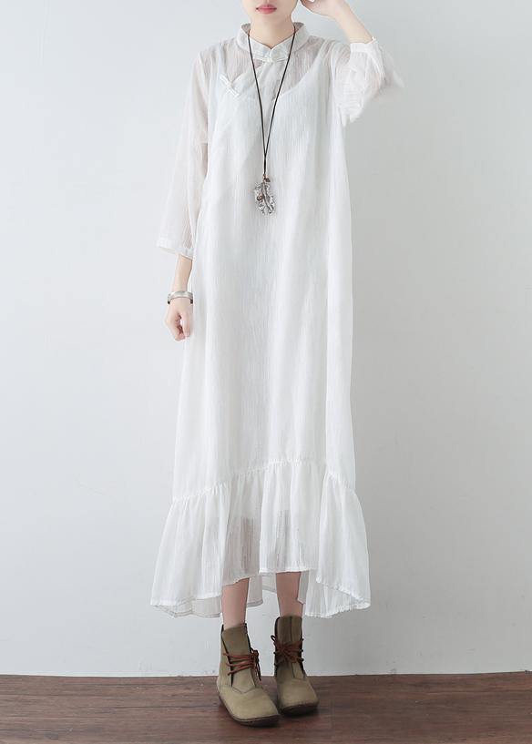 Handmade White Chiffon Dresses Fitted Tutorials Stand Collar Cinched Clothing Summer Dresses