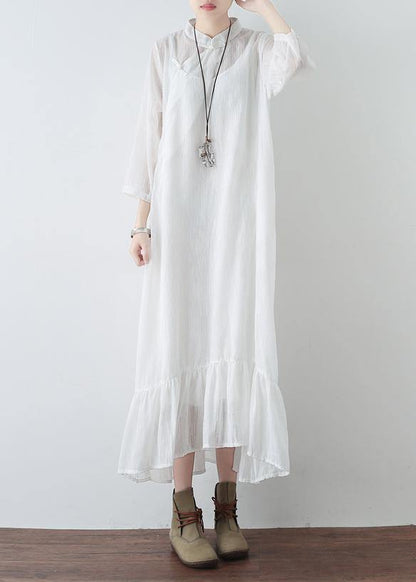 Handmade White Chiffon Dresses Fitted Tutorials Stand Collar Cinched Clothing Summer Dresses