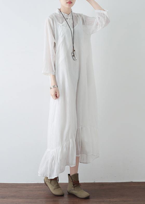 Handmade White Chiffon Dresses Fitted Tutorials Stand Collar Cinched Clothing Summer Dresses