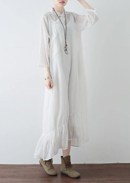 Handmade White Chiffon Dresses Fitted Tutorials Stand Collar Cinched Clothing Summer Dresses