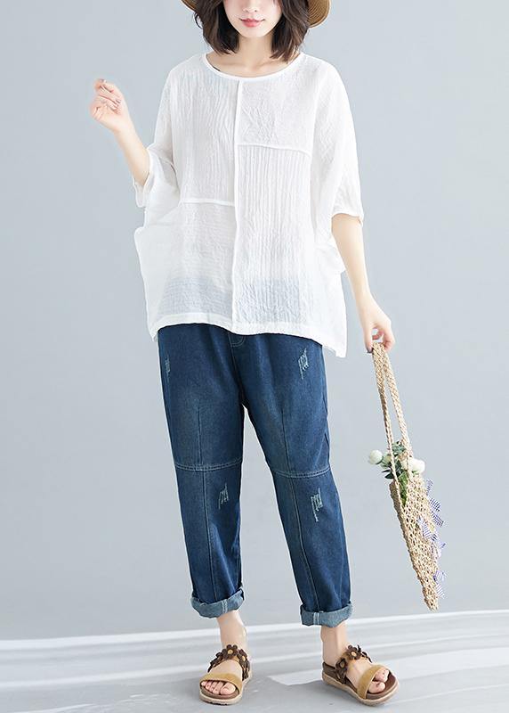 Handmade White Cotton Blended Tunic Top Wardrobes O Neck Batwing Sleeve Patchwork Baggy Summer Shirt