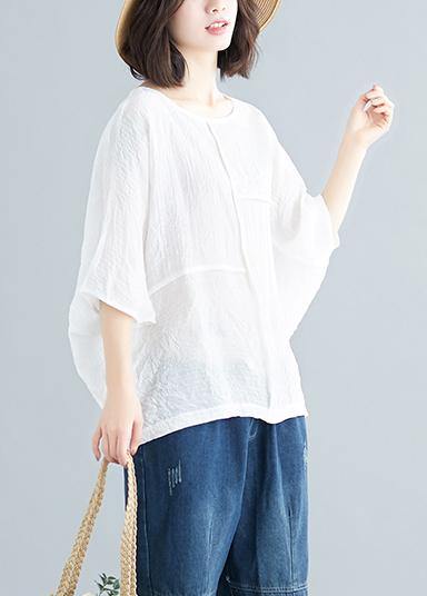 Handmade White Cotton Blended Tunic Top Wardrobes O Neck Batwing Sleeve Patchwork Baggy Summer Shirt