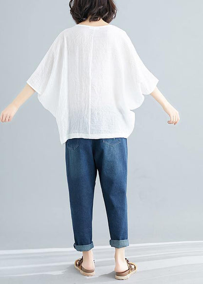 Handmade White Cotton Blended Tunic Top Wardrobes O Neck Batwing Sleeve Patchwork Baggy Summer Shirt