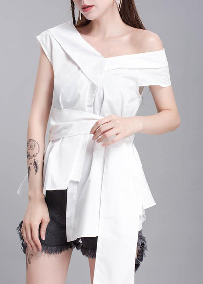 Handmade White Cotton Crane Tops Sleeveless Box Summer Shirts
