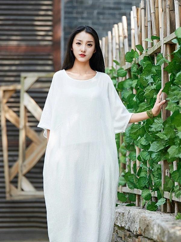 Handmade White Cotton Linen Clothes for O Neck Half Sleeve Maxi Dress
