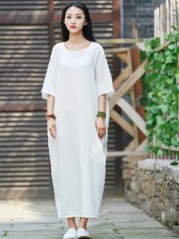 Handmade White Cotton Linen Clothes for O Neck Half Sleeve Maxi Dress