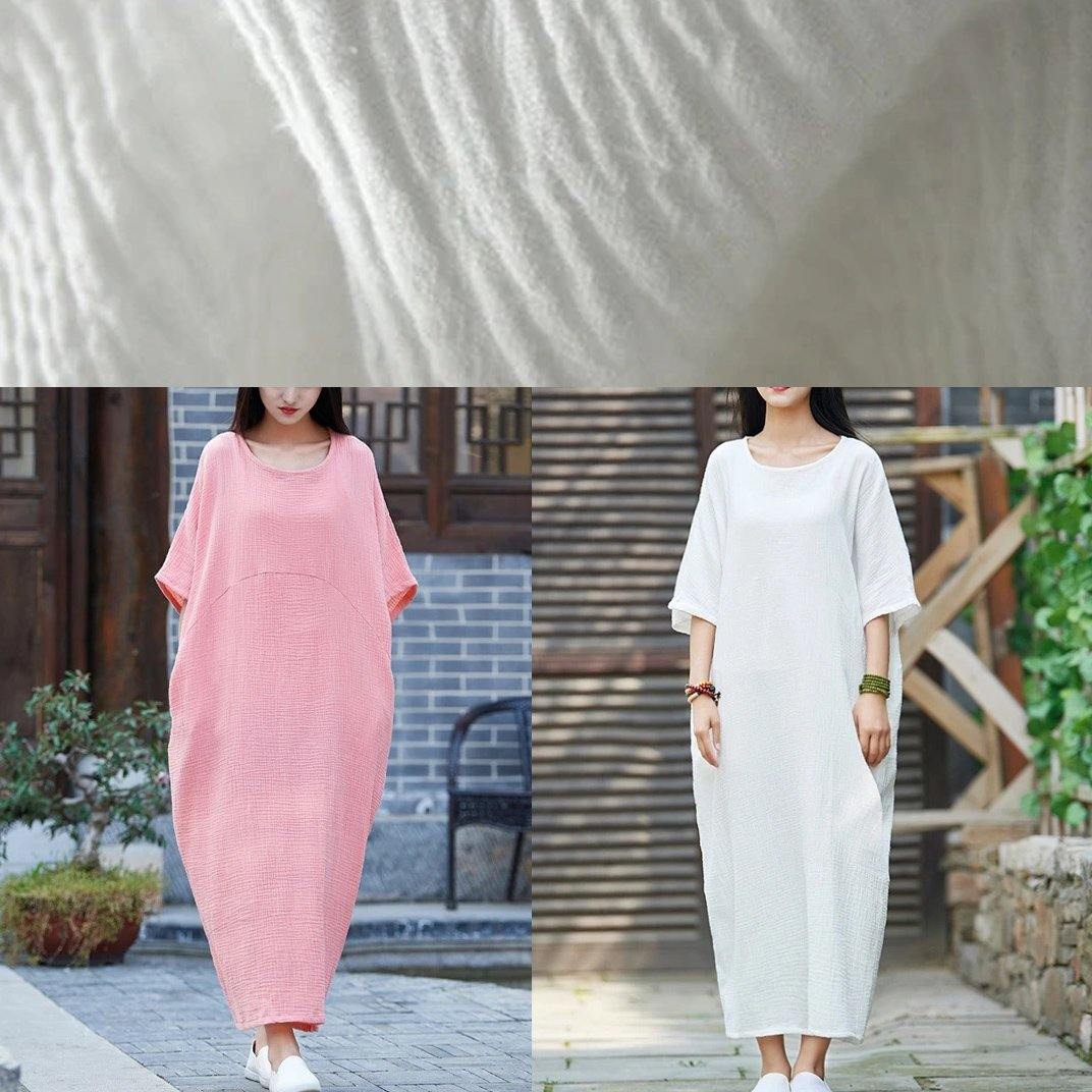 Handmade White Cotton Linen Clothes for O Neck Half Sleeve Maxi Dress