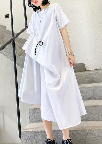 Handmade White Cotton O Neck Drawstring Robe Summer Dress