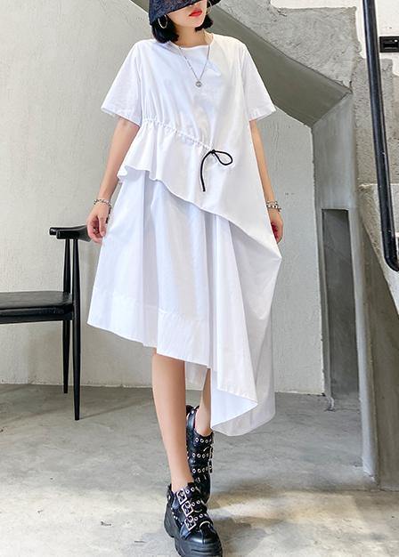 Handmade White Cotton O Neck Drawstring Robe Summer Dress