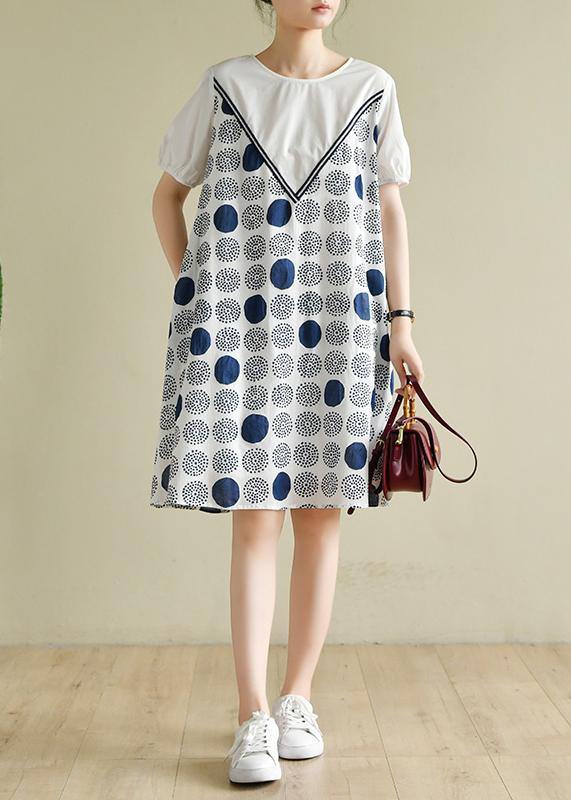 Handmade White Dotted Outfit O Neck a Line Summer Dress