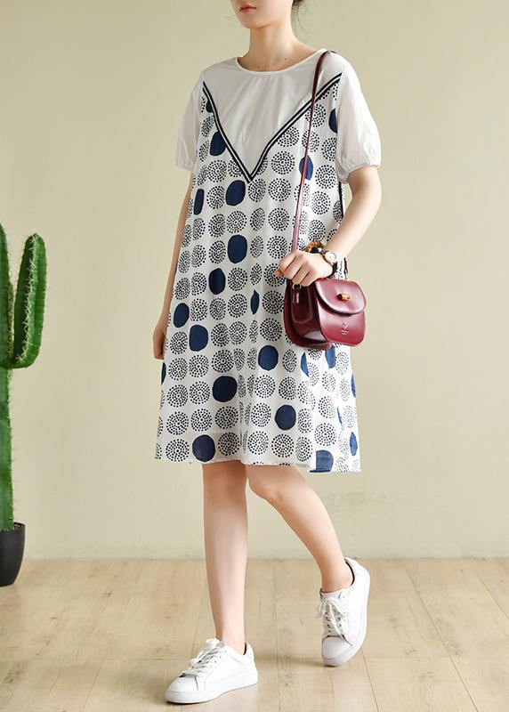 Handmade White Dotted Outfit O Neck a Line Summer Dress