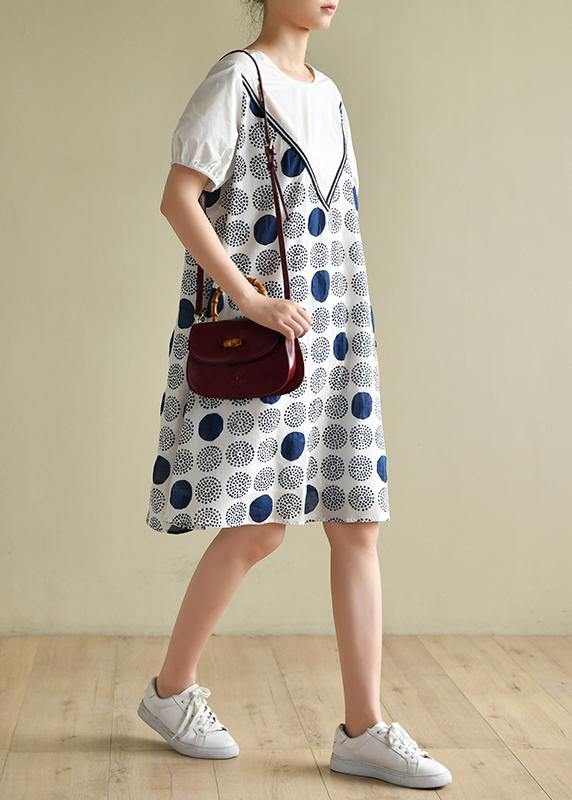 Handmade White Dotted Outfit O Neck a Line Summer Dress