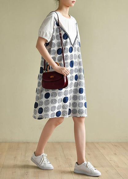 Handmade White Dotted Outfit O Neck a Line Summer Dress