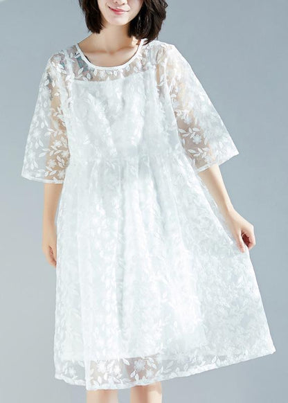Handmade White Dress O Neck Cinched a Line Summer Dresses