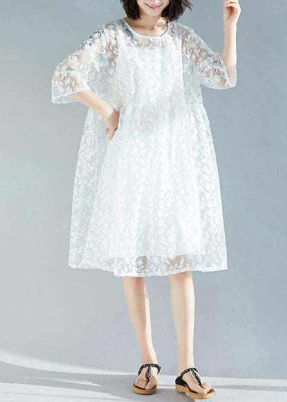 Handmade White Dress O Neck Cinched a Line Summer Dresses
