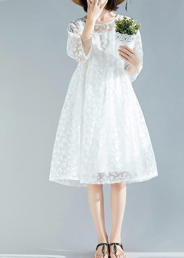 Handmade White Dress O Neck Cinched a Line Summer Dresses