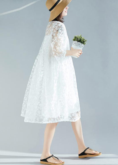 Handmade White Dress O Neck Cinched a Line Summer Dresses