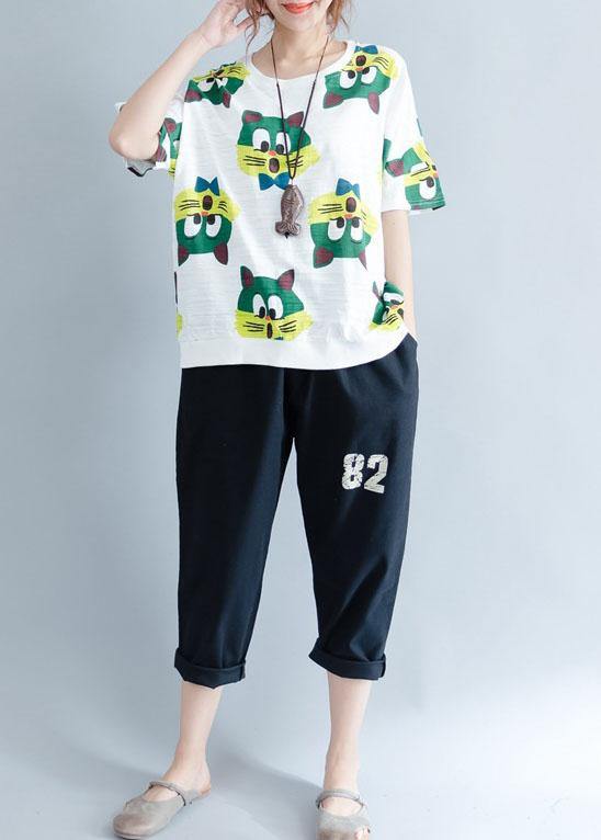 Handmade White Prints Cotton Crane Tops O Neck Art Summer Shirt