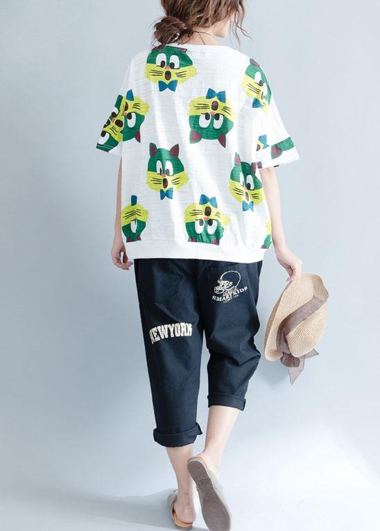 Handmade White Prints Cotton Crane Tops O Neck Art Summer Shirt