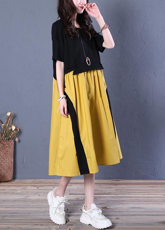Handmade Yellow Cotton Clothes for O Neck Patchwork Cotton Summer Dresses