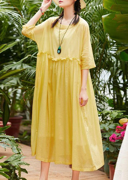 Handmade Yellow Cotton Linen Clothes O Neck Half Sleeve Maxi Summer Dresses