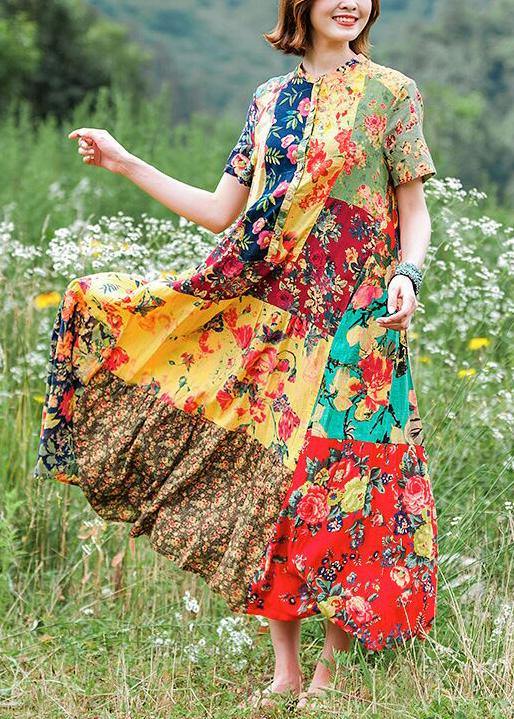Handmade Yellow Print Cotton Dresses Stand Collar Extra Large Hem Loose Dresses