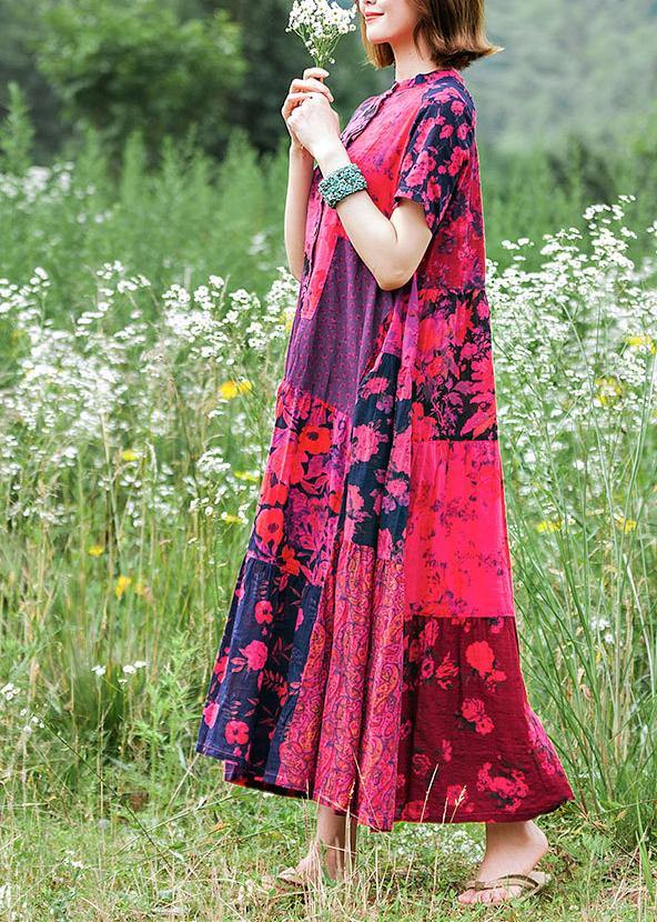 Handmade Yellow Print Cotton Dresses Stand Collar Extra Large Hem Loose Dresses