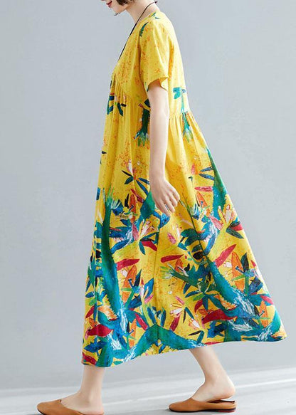 Handmade Yellow Prints Cotton Clothes for V Neck Maxi Summer Big Hem Dresses