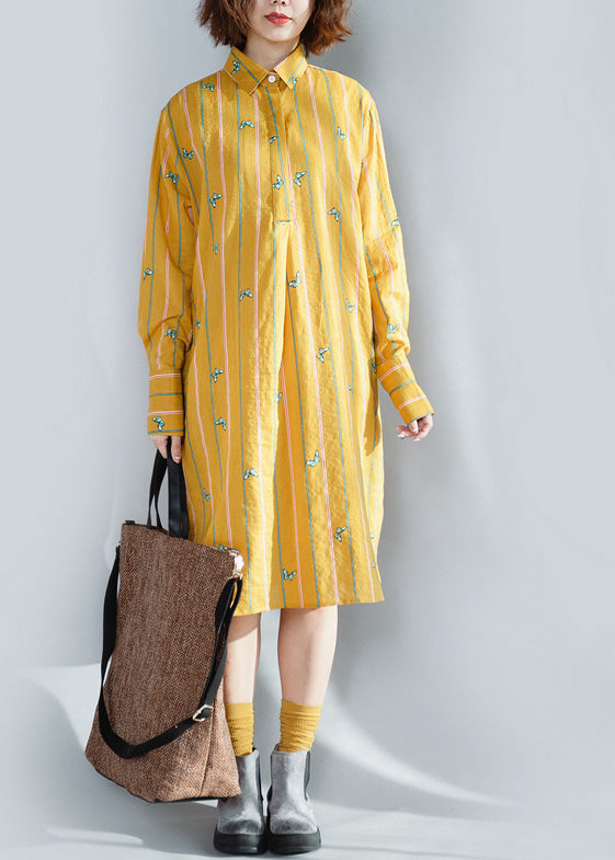 Handmade Yellow Striped Cotton Clothes for Korea Photography Lapel Button Down Spring Dress