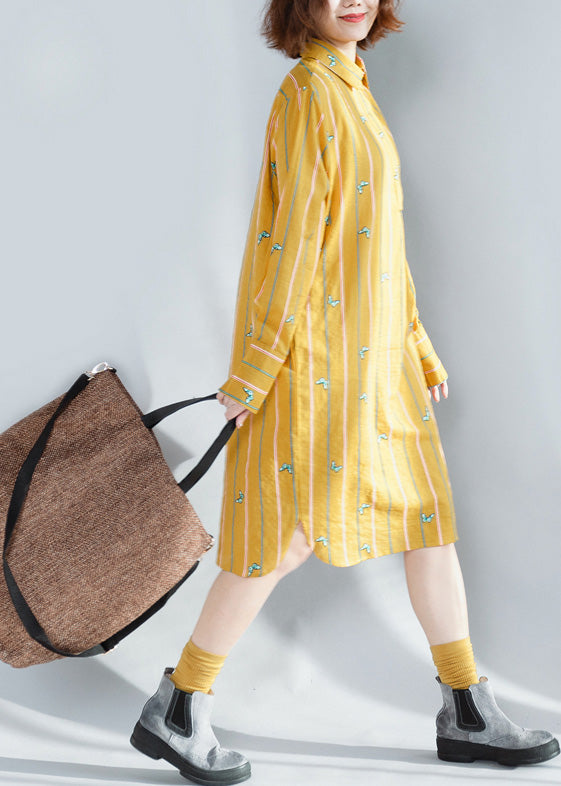 Handmade Yellow Striped Cotton Clothes for Korea Photography Lapel Button Down Spring Dress
