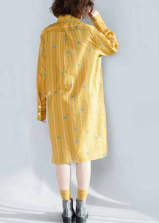 Handmade Yellow Striped Cotton Clothes for Korea Photography Lapel Button Down Spring Dress